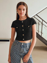 MOTF STUDIO GOLD BUTTON DETAIL PATCH POCKET TEXTURED CROP TEE